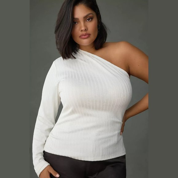 NEW Anthropologie Sizes M, XL One-Shoulder Ribbed Top, White - Picture 7 of 8